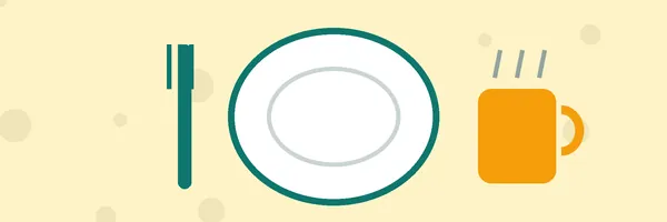 Illustration: a plate with a fork and a coffee cup